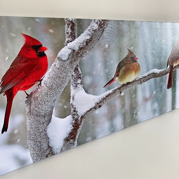 LED Lighted Cardinals Snowy Branch Canvas Wall Picture - Picture 6 of 13